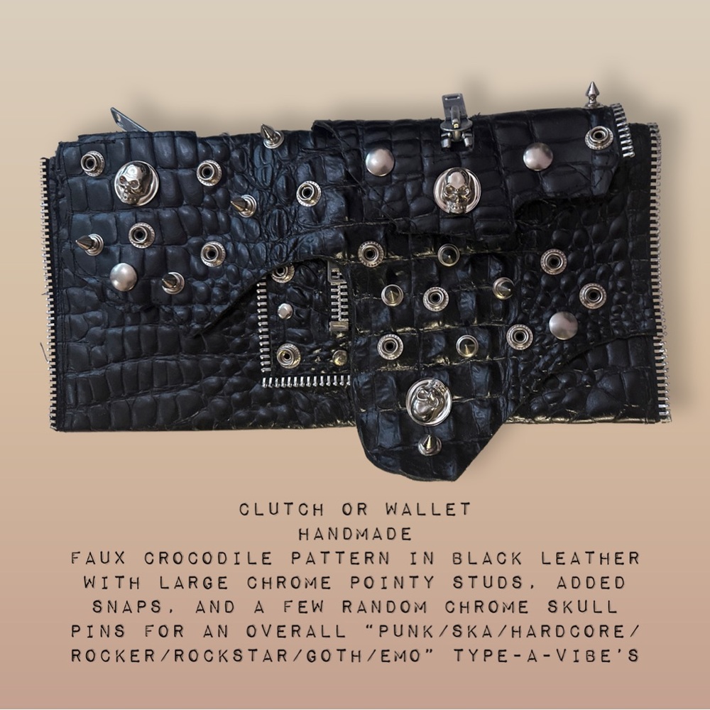 Faux crocodile black leather clutch
